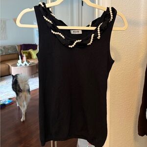 Moschino Black Sleeveless Tank with Pearl-Trim Neckline